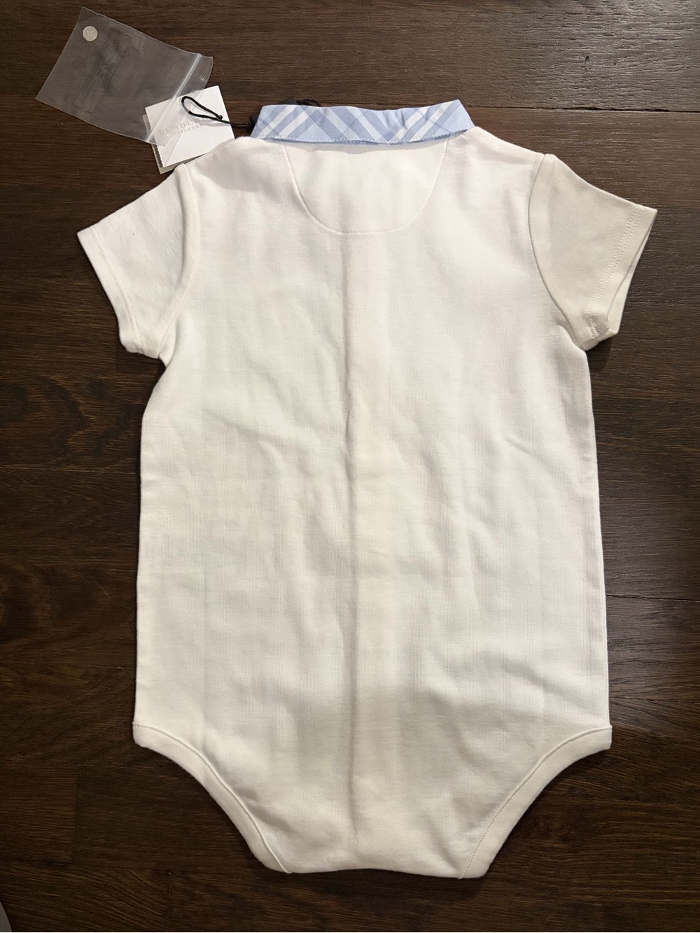 Burberry White Baby Bodysuit with Light Blue Check Trim, 12M - Picture 3 of 4
